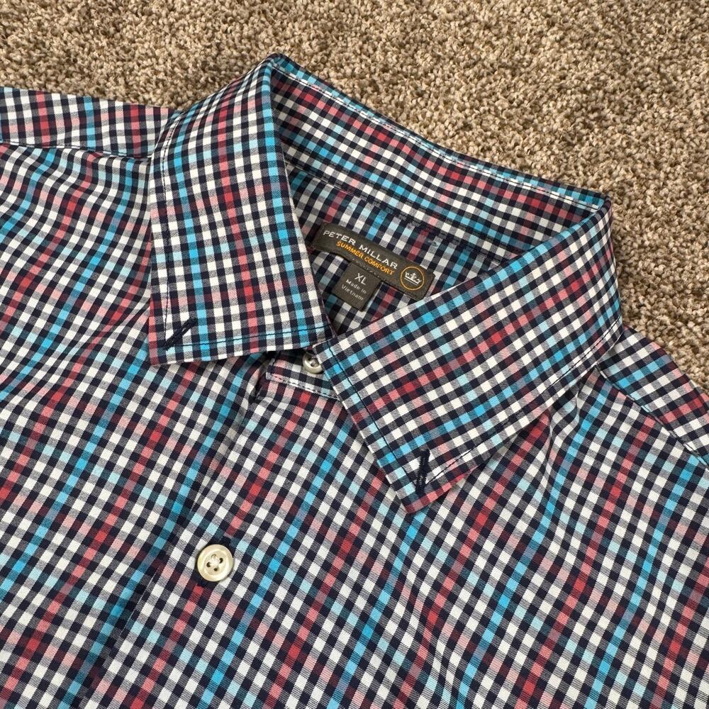 Peter Millar Shirt Men's XL Summer Comfort Blue Red Plaid Check Performance